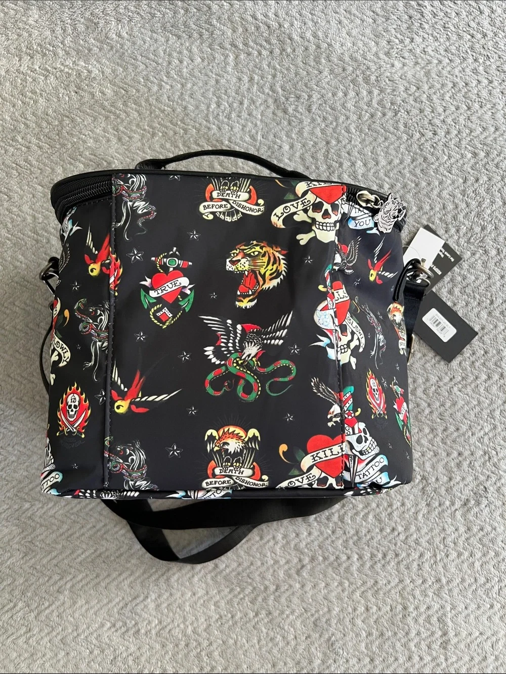 NWT Ed Hardy Rhinestoned Black Tattoo Print Insulated Lunch Tote Shoulder Bag